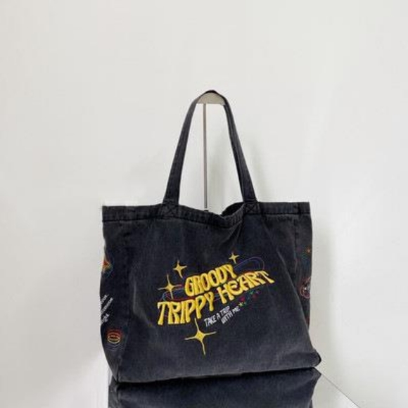 Oversized Denim Smoke Grey Embroidered  Canvas Bag Messager Bag with Zipper - Picture 9 of 13